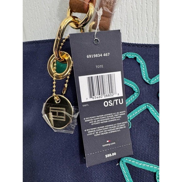 Tommy Hilfiger Nautical Anchor Canvas Tote Bag Navy & Green with Brown Handles - Picture 4 of 12